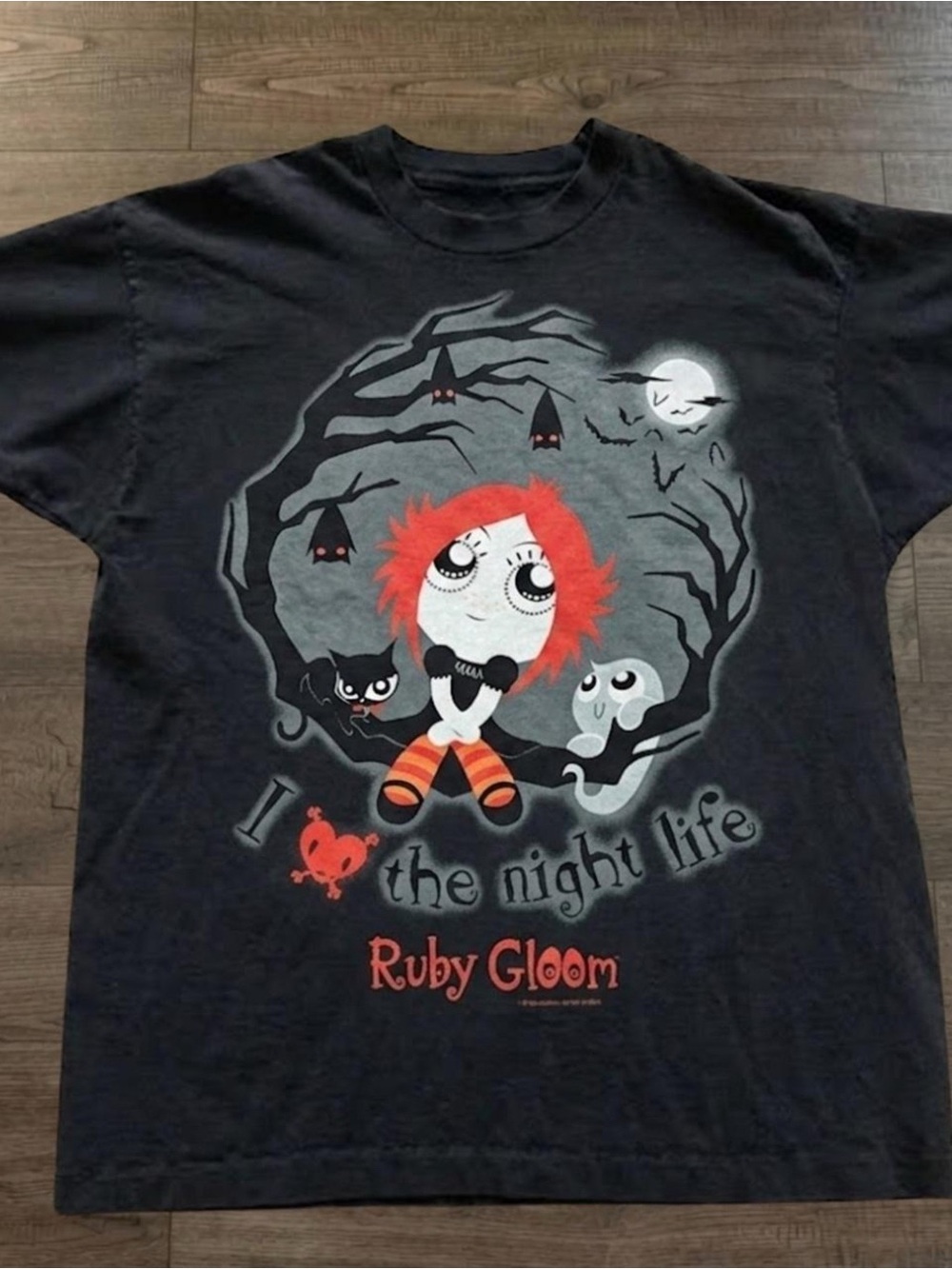 Gildan Black Graphic Tee with Red-Headed Character and Night Scene